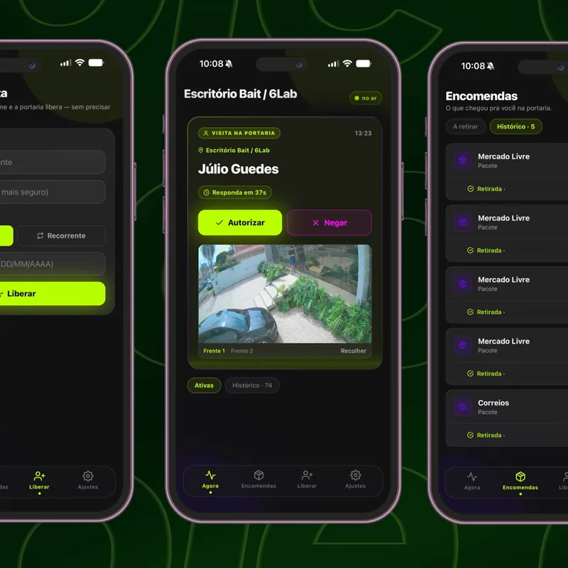 Telas do app PortarIA com autorização de visitas, pré-liberações e encomendas